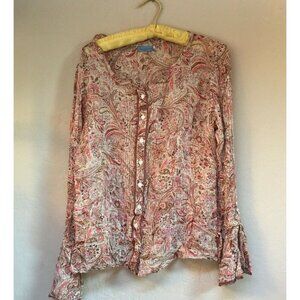Provence D'amour Top Womens Large Button Down Paisley Floral Shirt Long Sleeve